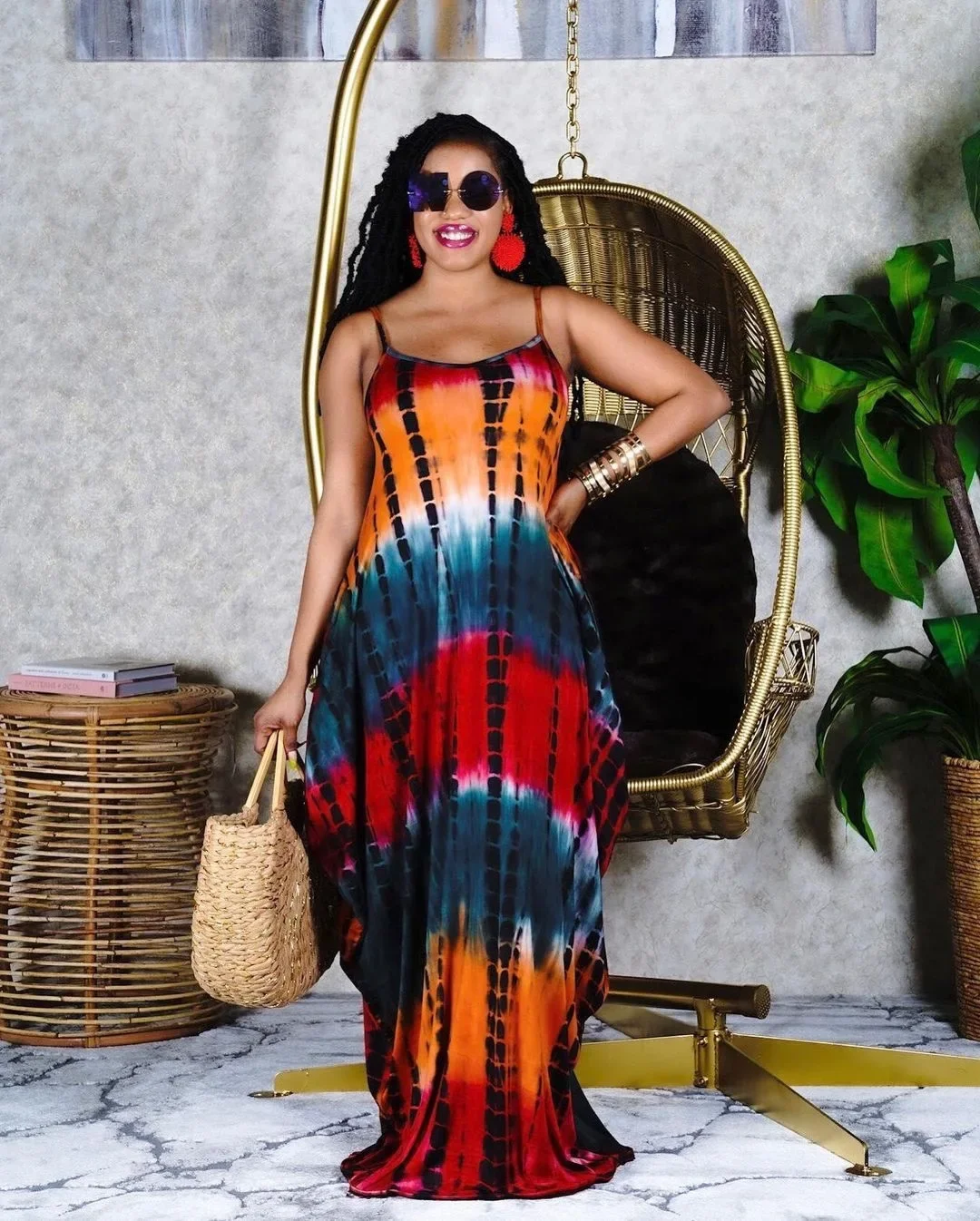 

Chocomist Dresses Fashion Casual Strap Tie-dye V-neck Loose Women Maxi Dress H8908