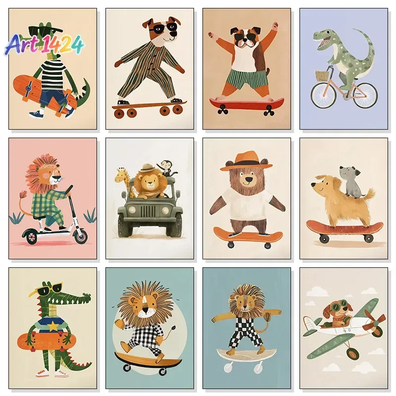 Dog Airplane Lion in Car Animal Skateboard Tiger on Bicycle Poster Print Canvas Painting Print Nursery Wall Art Kids Room Decor