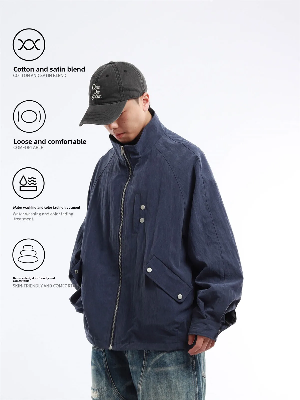 Bsapa Retro Japanese Style Loose Fit Washed Lyocell Cotton Blend Zipper Collar Jacket Men's Style Long Sleeve Plaid Pattern