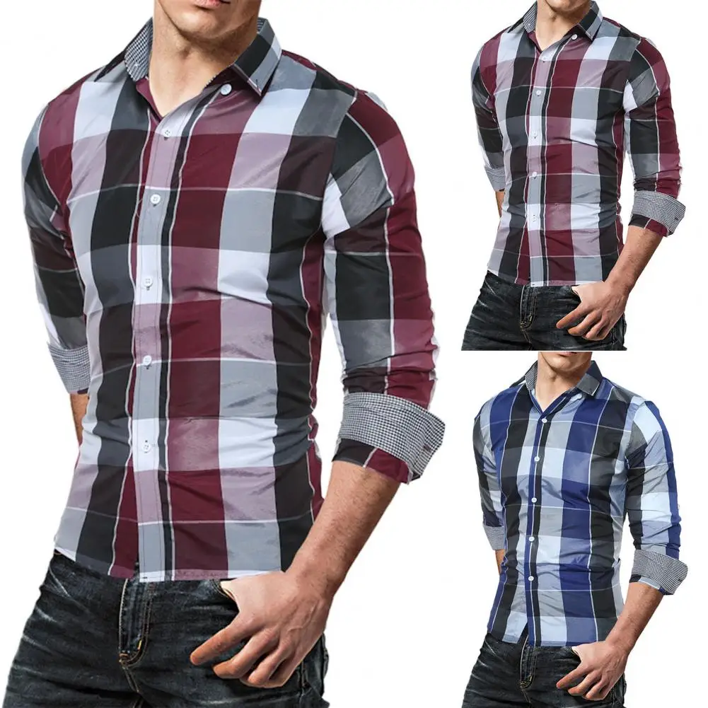 Spring Men\'s Plaid Long-Sleeved Casual Shirt Regular Fit Classic Single Breasted Turn-down Collar Top For Work