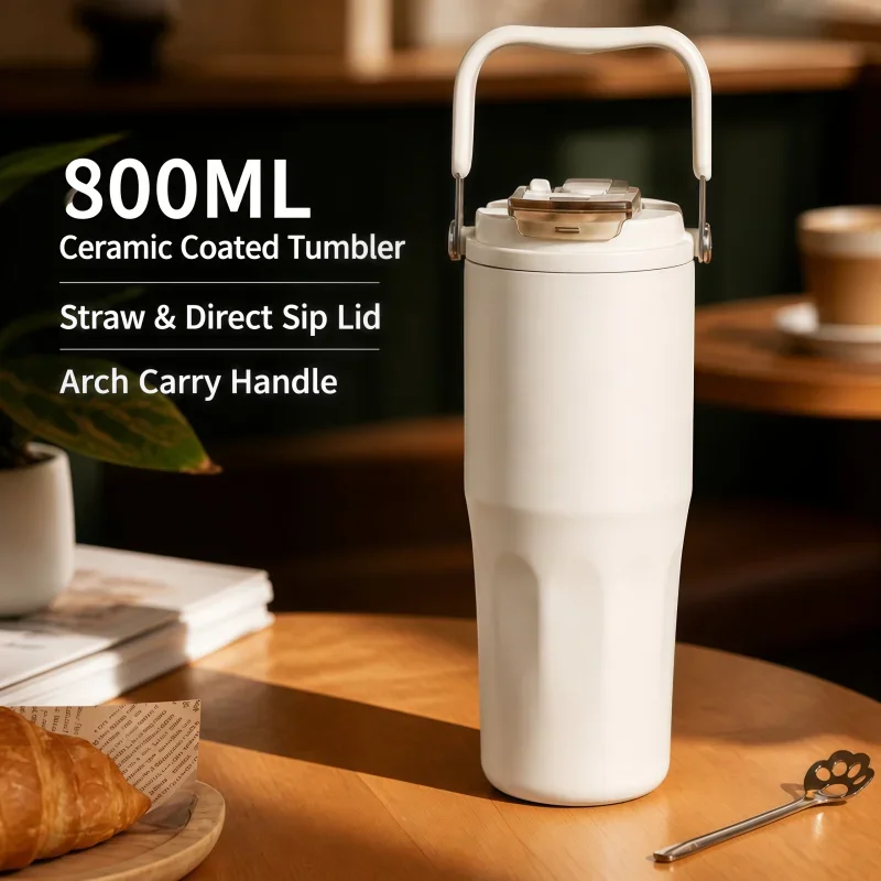 800ML Ceramic Coated Insulated Tumbler with Straw Leakproof Travel Water Bottle Detachable Handle Tea Infuser Cup for Office Car