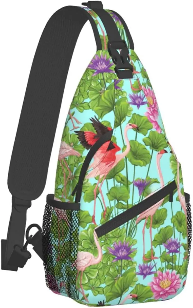 Bolso de pecho cruzado de flores de amor de flamenco, mochila de viaje diagonal, viaje ligero, bolso de hombro individual para senderismo