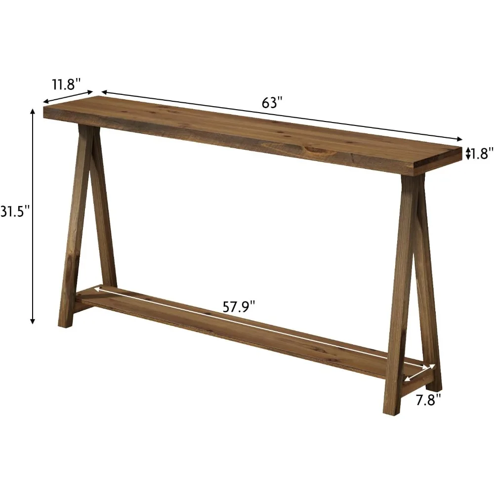 Rustic Solid Wood 2-Tier Console Table for Living Room, 63 Farmhouse Sofa Table, Natural Entryway Hallway Furniture