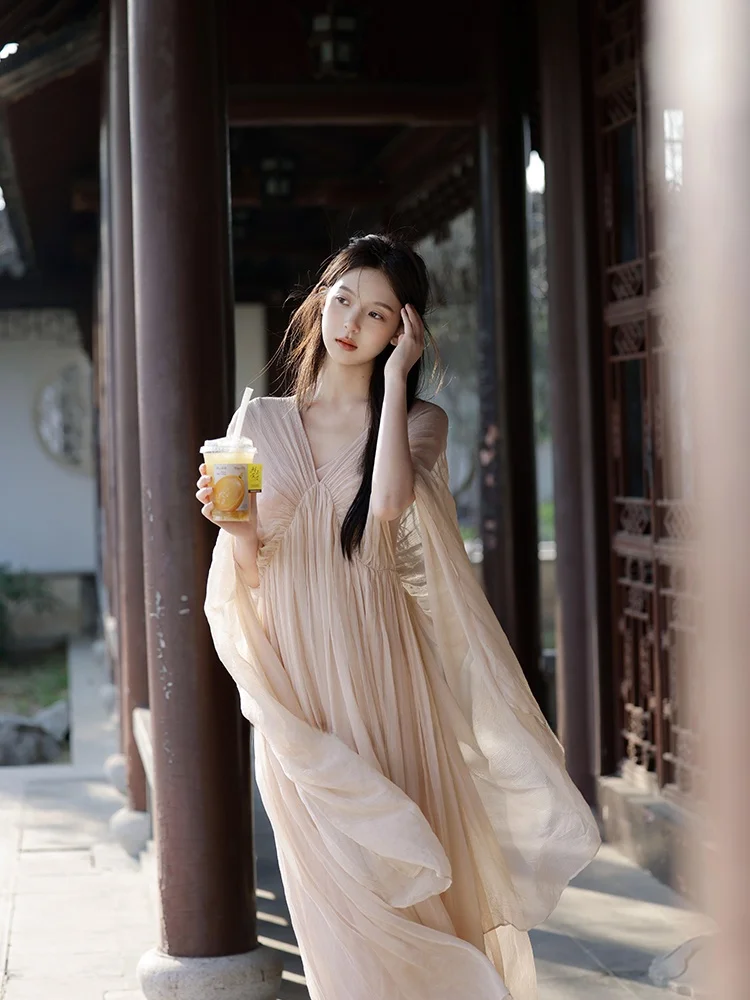 

Vacation Dress Women's Morning Robe Gown New Chinese Style National Trend Cold Sensation Zen Spirit Silk Long Skirt