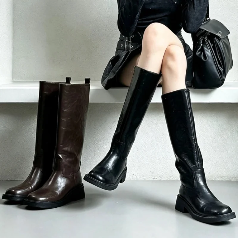 Concise Patent Leather Knee High Boots Women High-quality Side Zipperchunky Heel Western Boots Comfortable Winter Warm Boots