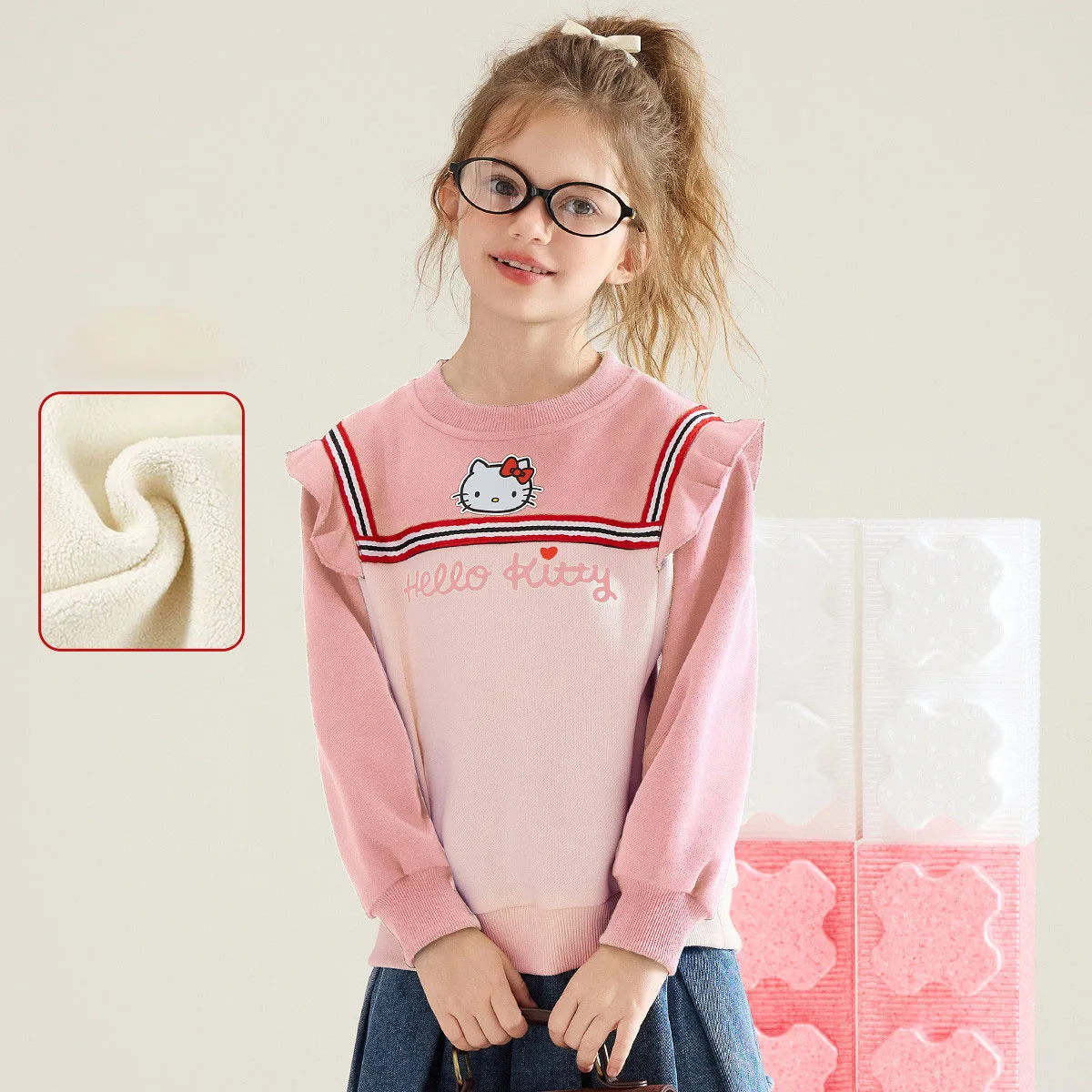 

Autumn Winter Girls' Fleece Sweatshirt Round Neck Hello Kitty Print Splicing Sportswear American Preppy Style Cute Thicken Tops