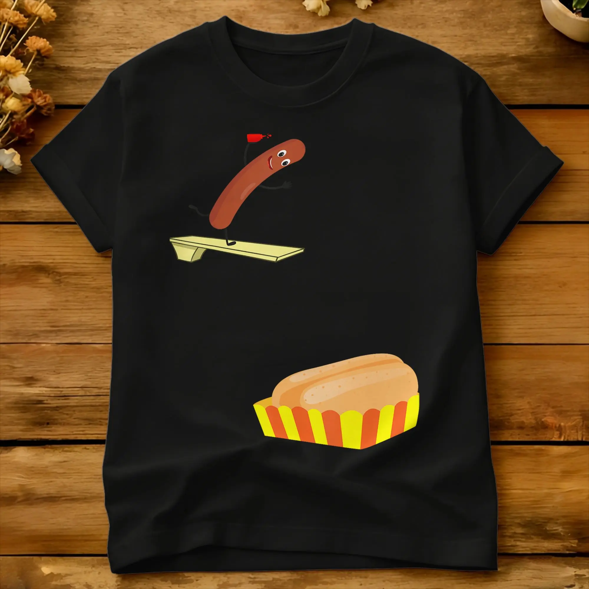 Casual T-Shirt Summer Diving Hot Dog Into Bun Trendy Cool T-Shirts Funny Food Diver Cotton Tee Shirt for Men Short Sleeve Tees