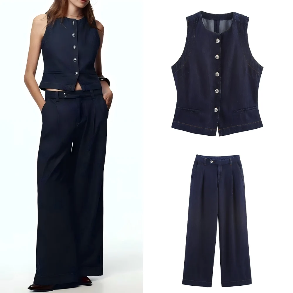 

Women's 2025 new fashion slim single breasted O Neck denim vest retro sleeveless women's vest chic top+Jeans suit