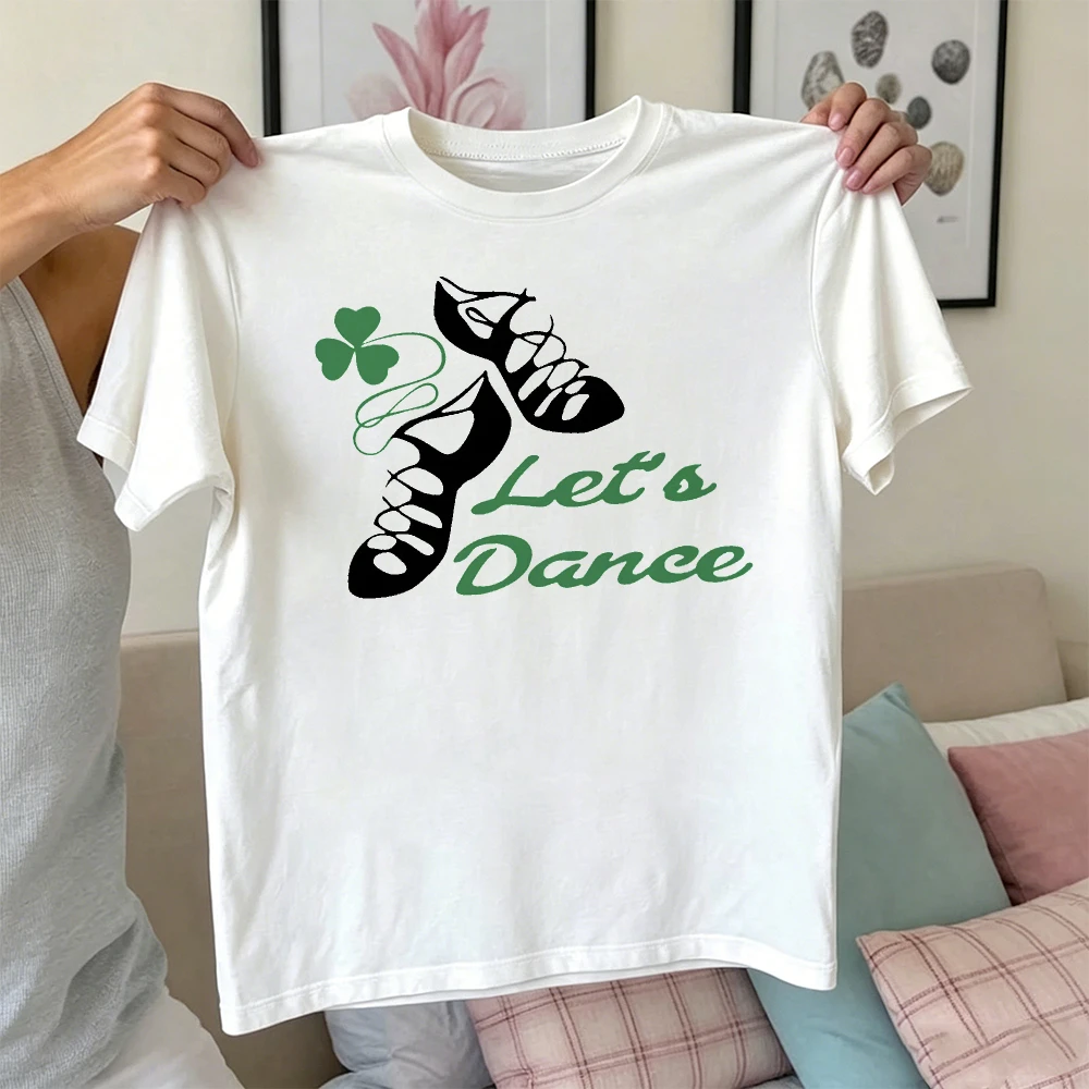 Let's Dance Black Irish Step Shoes Clover Graphic Women Elegant T Shirt Festival Performance Wear Soft Stretch Tops