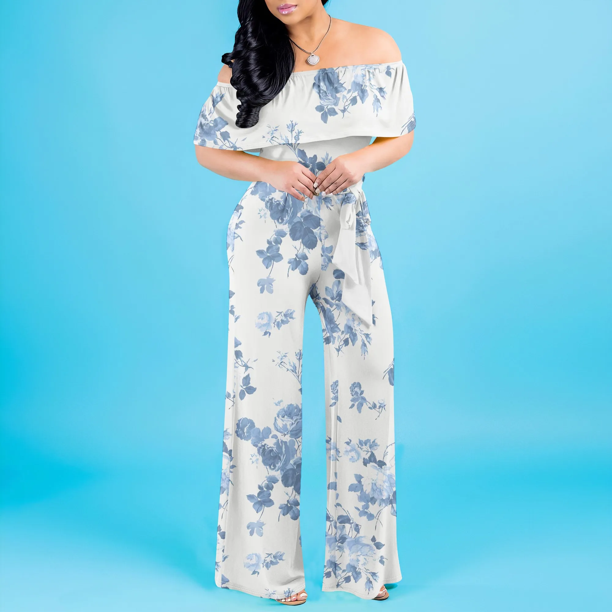 Yellow Retro Floral Print Off Shoulder Wide Leg Jumpsuit Women Summer Casual Romper