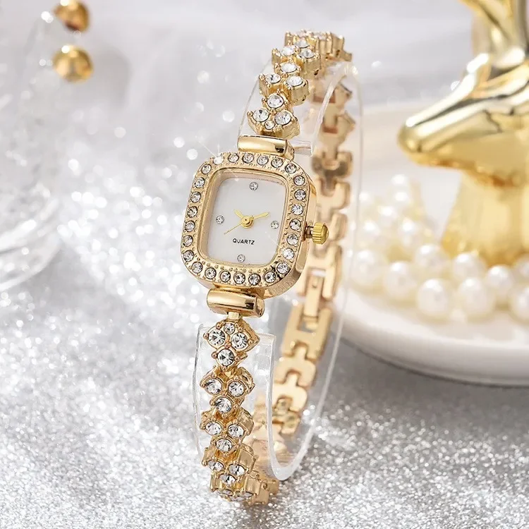 2pcs Rose Gold Watches Crystal Bracelet Fashion Versatile Diamond Inlaid WOMEN'S Small Steel Band Quartz Watch with Bracelet Set