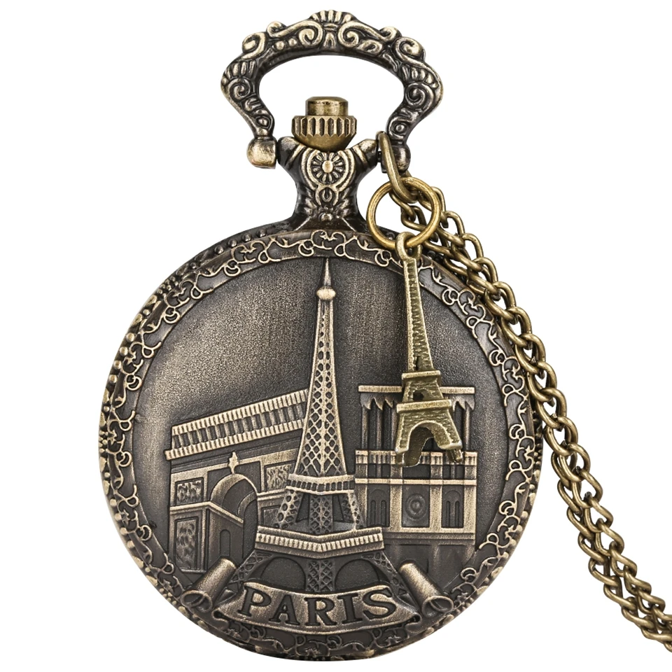 Reloj de bolsillo con diseño de Torre Eiffel de París, reloj de cuarzo con collar de Notre Dame de París, Torre Eiffel de Francia