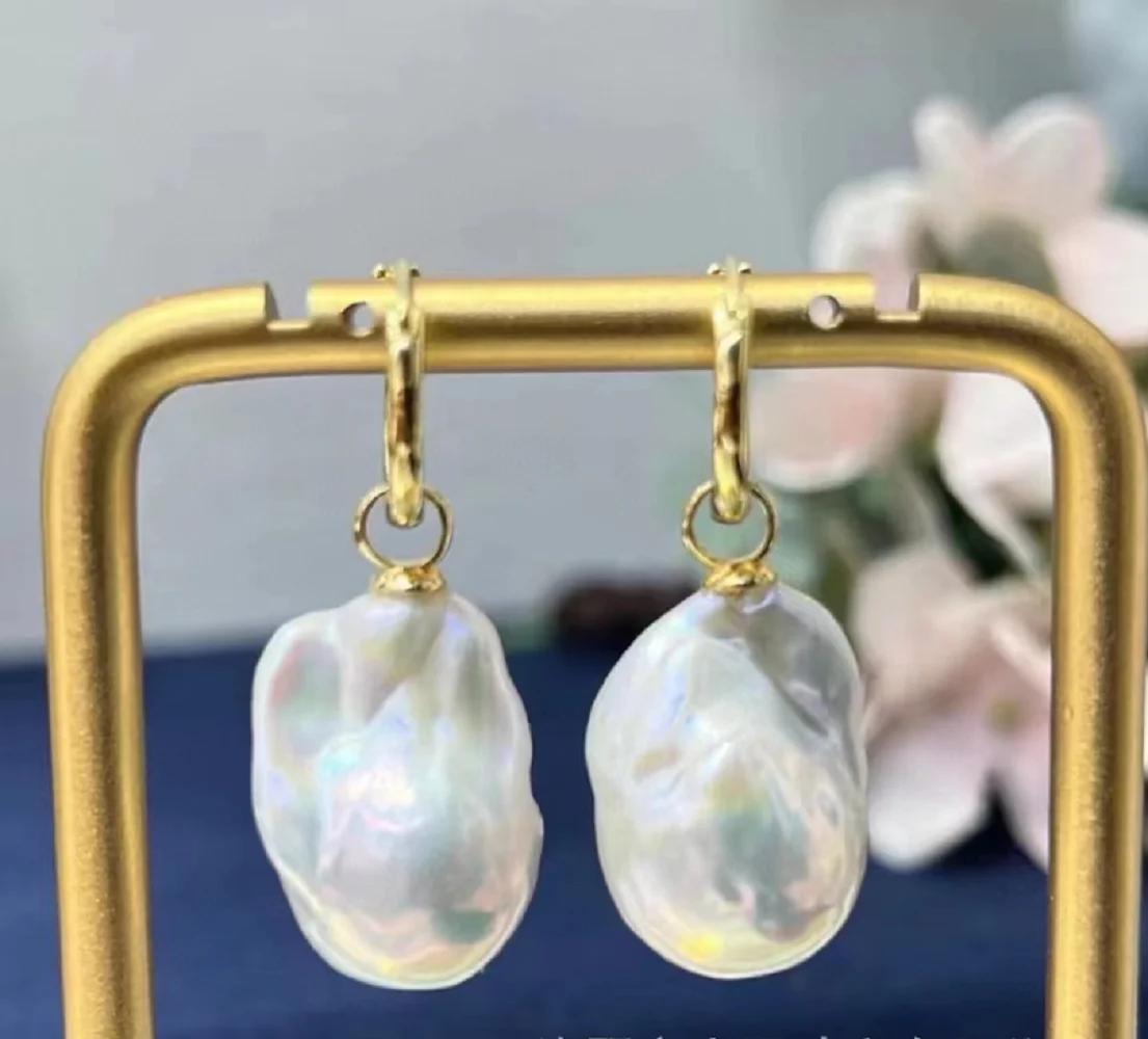 

huge AAAA 14-23mm south sea white Baroque Pearl Earrings 14kp gold Copper gold-plated sparkling T-shaped zircon
