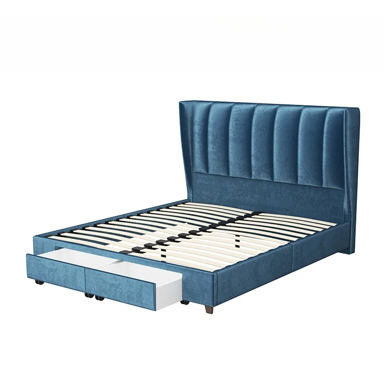 

Modern bed frame double size with storage drawers headboard tufted upholstered lighting wooden slats supported mattress