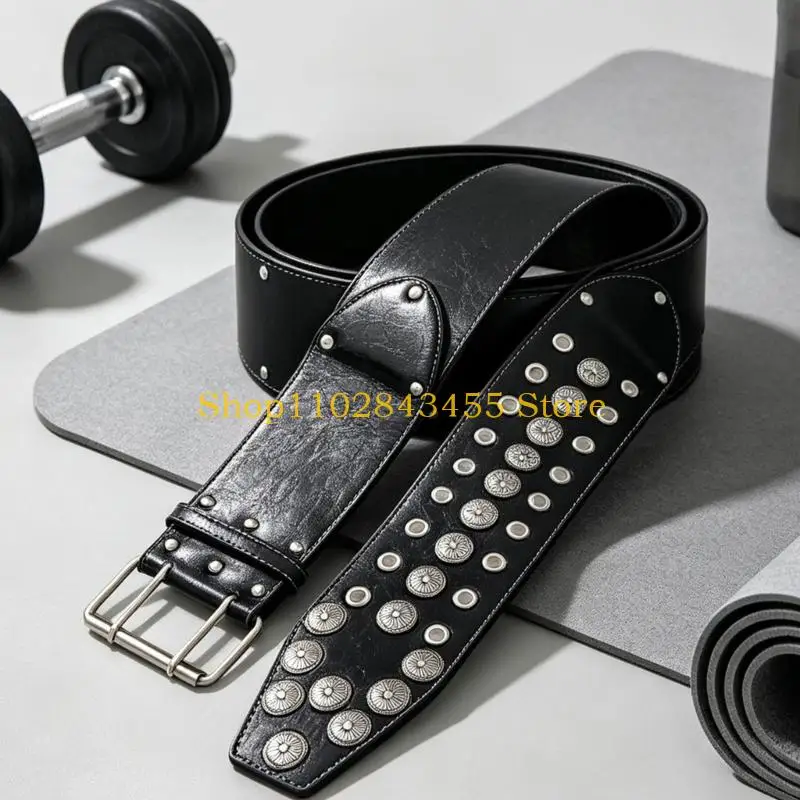 49MC Punk Studded Belt with Layered Metal Decors for Weightlifting Waist Support