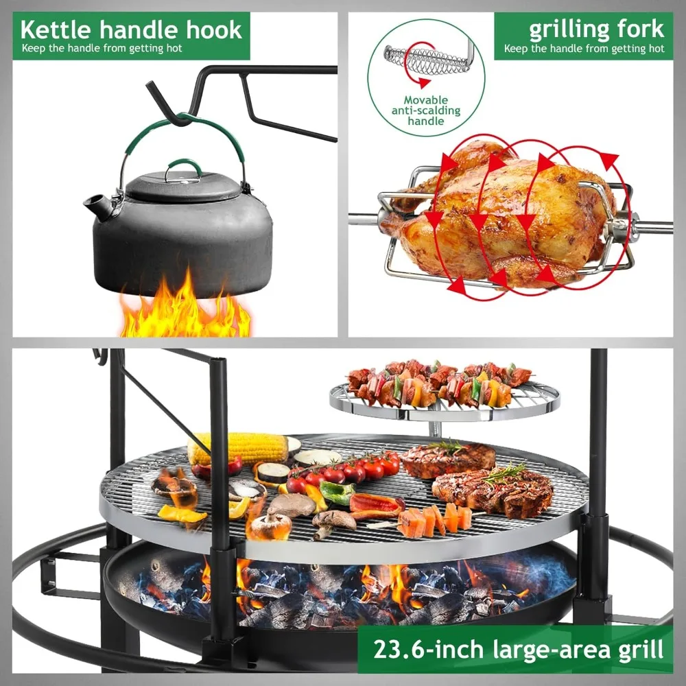 2 in 1 Fire Pit with Grills, Wood Burning Fire Pits with Adjustable Swivel Cooking Grate for Outside BBQ Patio Picnic Party