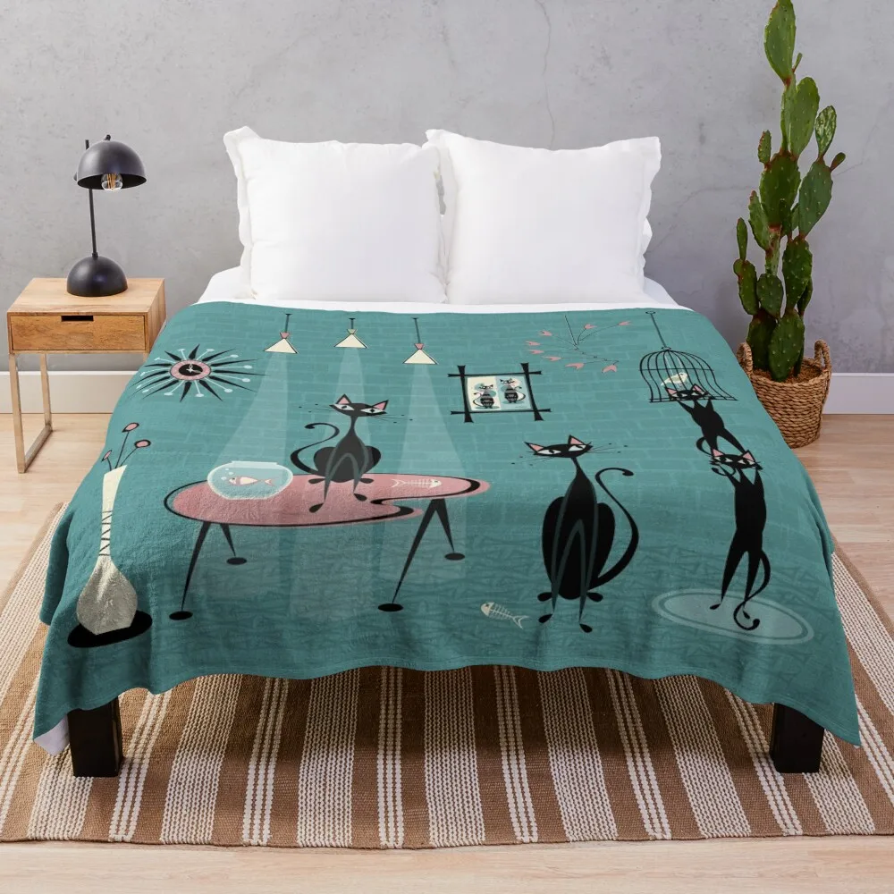 

Mid Century Kitty Mischief III studioxtine Throw Blanket Luxury Brand cosplay anime Blankets