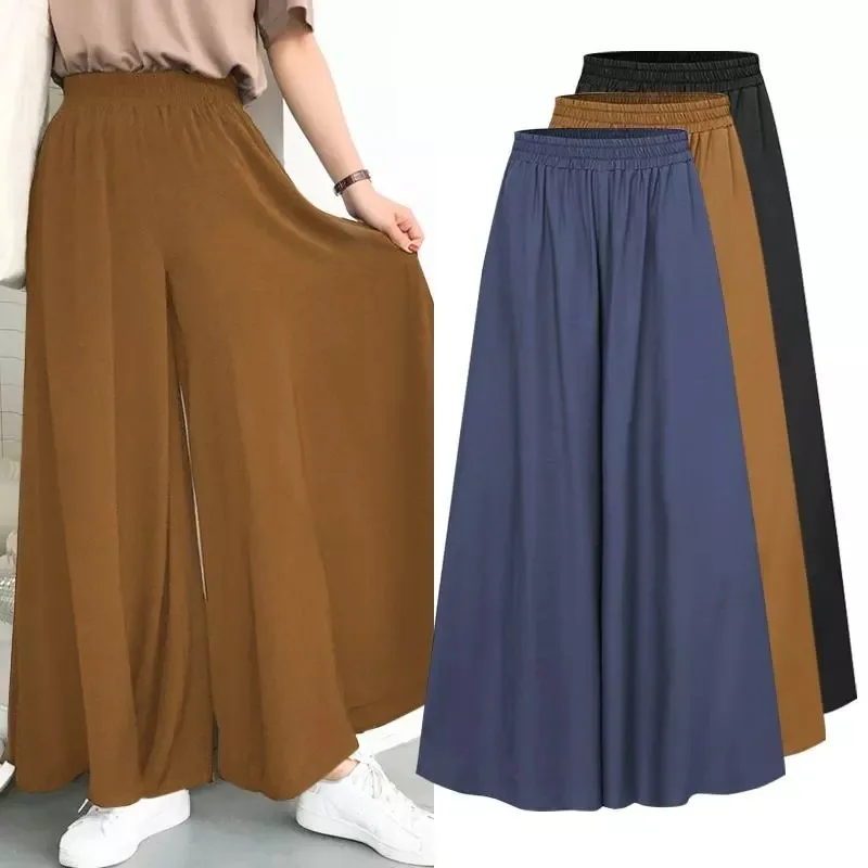 Spring And Summer Women\'s Plus Size Wide Leg Pants Ice Silk Fold Retro Minimalist Mid Rise Elastic Drape Straight Leg Trousers