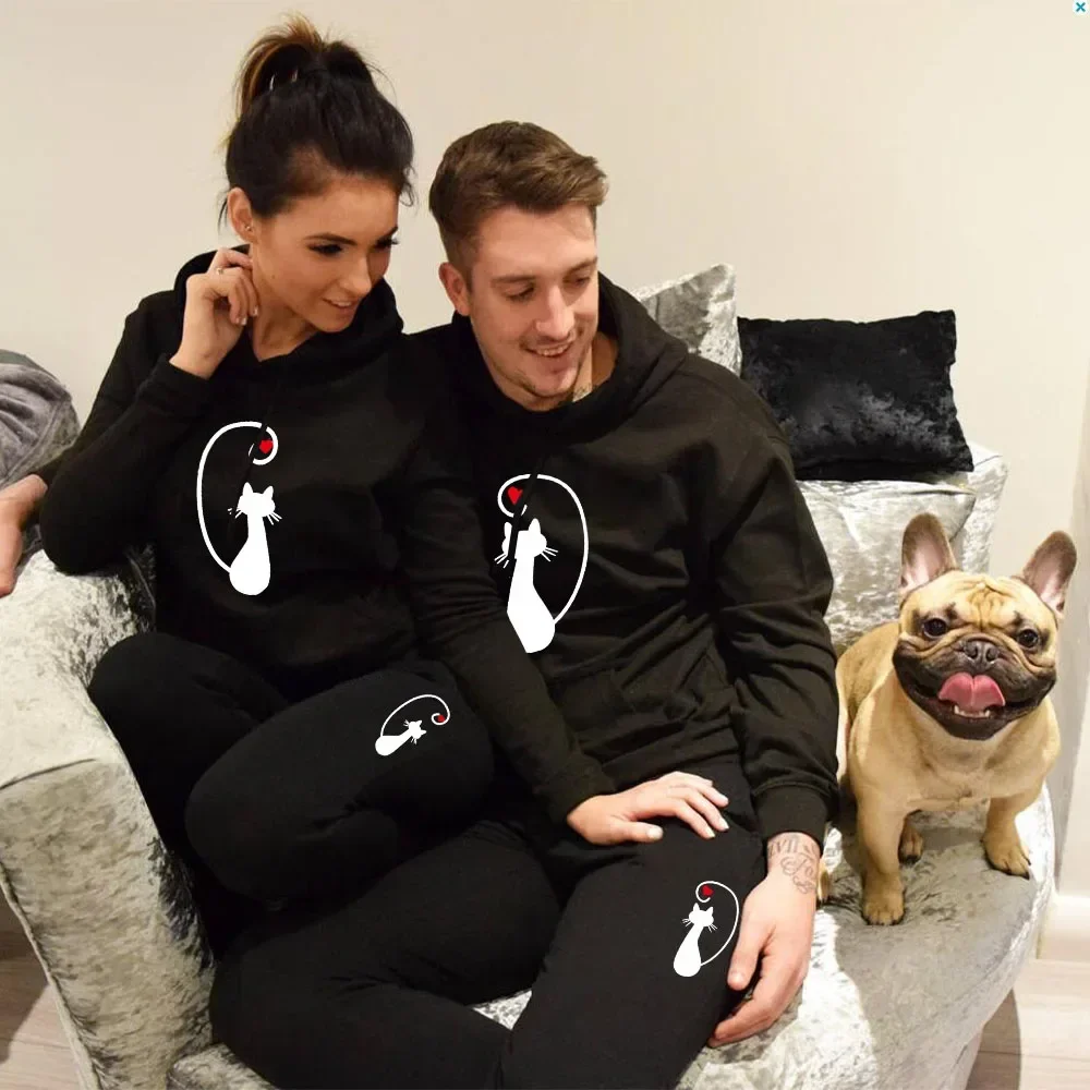 

New Fashion Hoodie Set Cat Printed Lover Winter Hoodies and Sweatpants 2PCS Couples Clothing Casual Sports Men Women Tracksuit