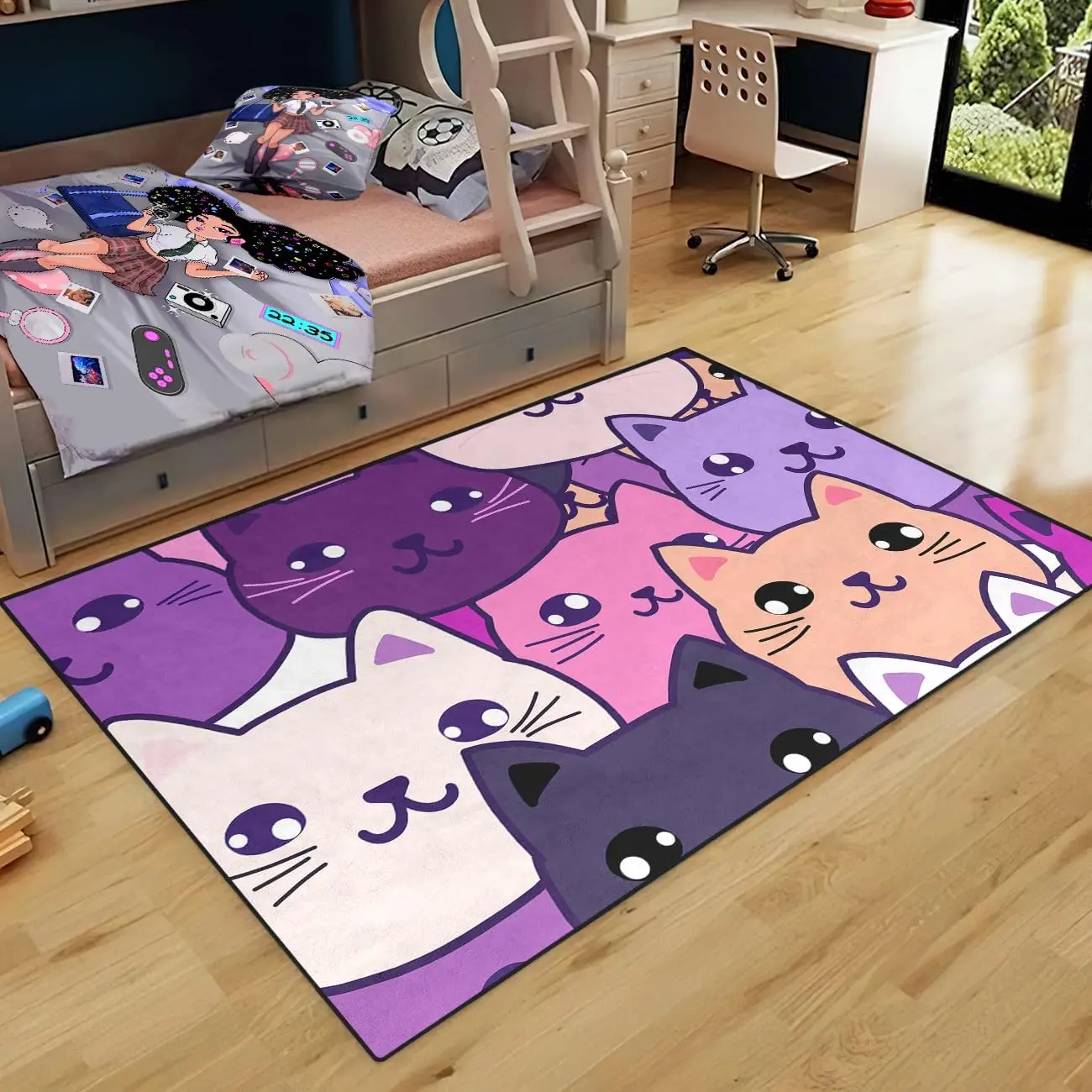 Cartoon Cat Rug for Girls Bedroom Purple Cat Rugs Room Decor for Boys Girls Lovely Animal Print Carpet for Bedroom Living Room