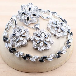925 Sterling Silver Black Zircon Jewelry Sets Wedding For Women Bridal Bracelets Earrings Rings Pendant Necklace Set