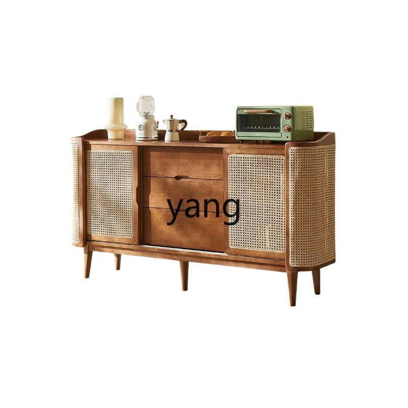 Yjq Retro Solid Wood Sideboard Living Room Tea Locker Rattan Hallway Middle-Ancient Storage Cabinet