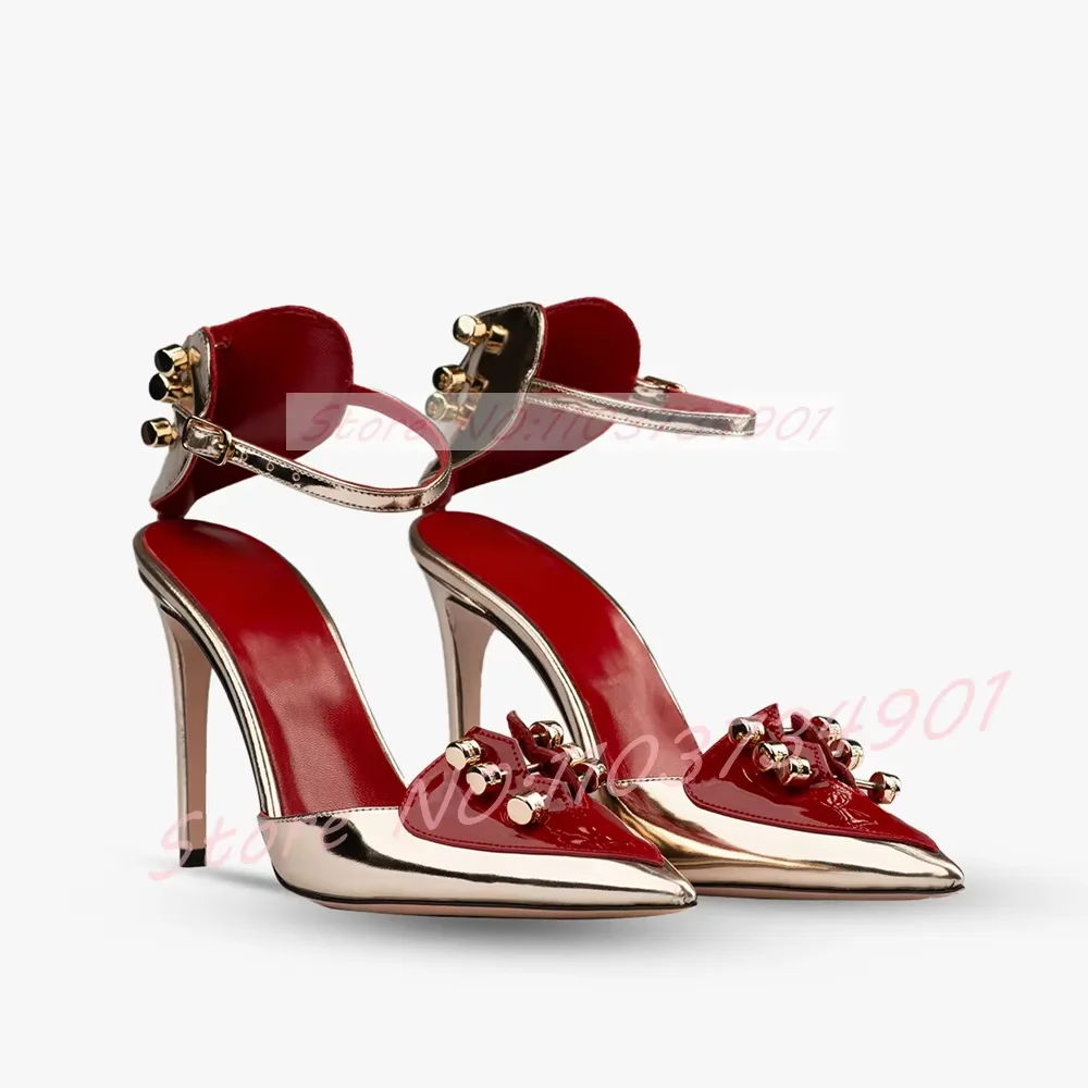 

Gold Metal Rivets Splicing Stiletto Sandals Women Sexy Metallic Leather Ankle Strap Sandals Female Wedding Party Classy Footwear