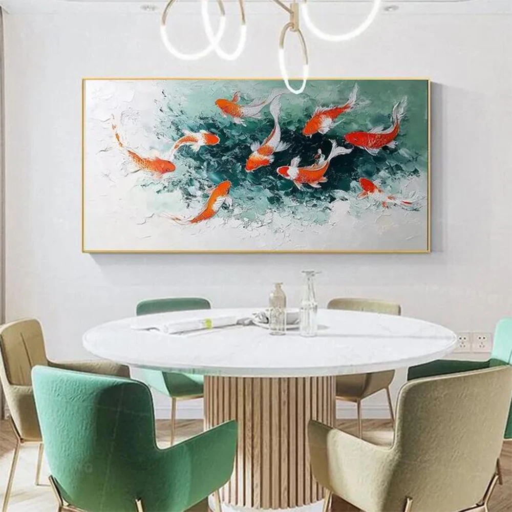 

Hand-Painted Abstract Fish Oil Painting Green Water with Koi Modern Minimalist Wall Art for Living Room Entryway Dining Room