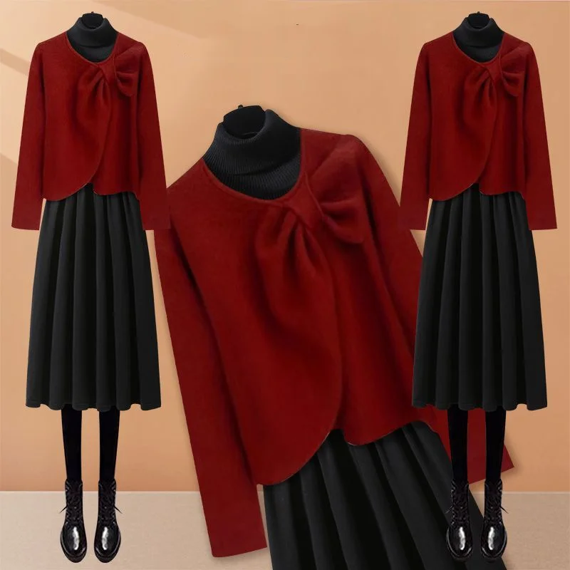 Autumn Elegant Gentle Style Outfits Women\'s 2023 New Vintage Wine Red Bow Sweater High Neck Slim Dress Two Piece Set Fashion