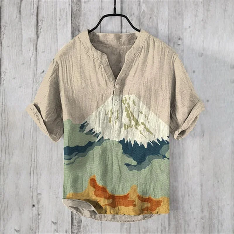 Casual Chinese men's V-neck linen shirt cross-border direct sales sunset bamboo forest print casual large shirt origin manufactu