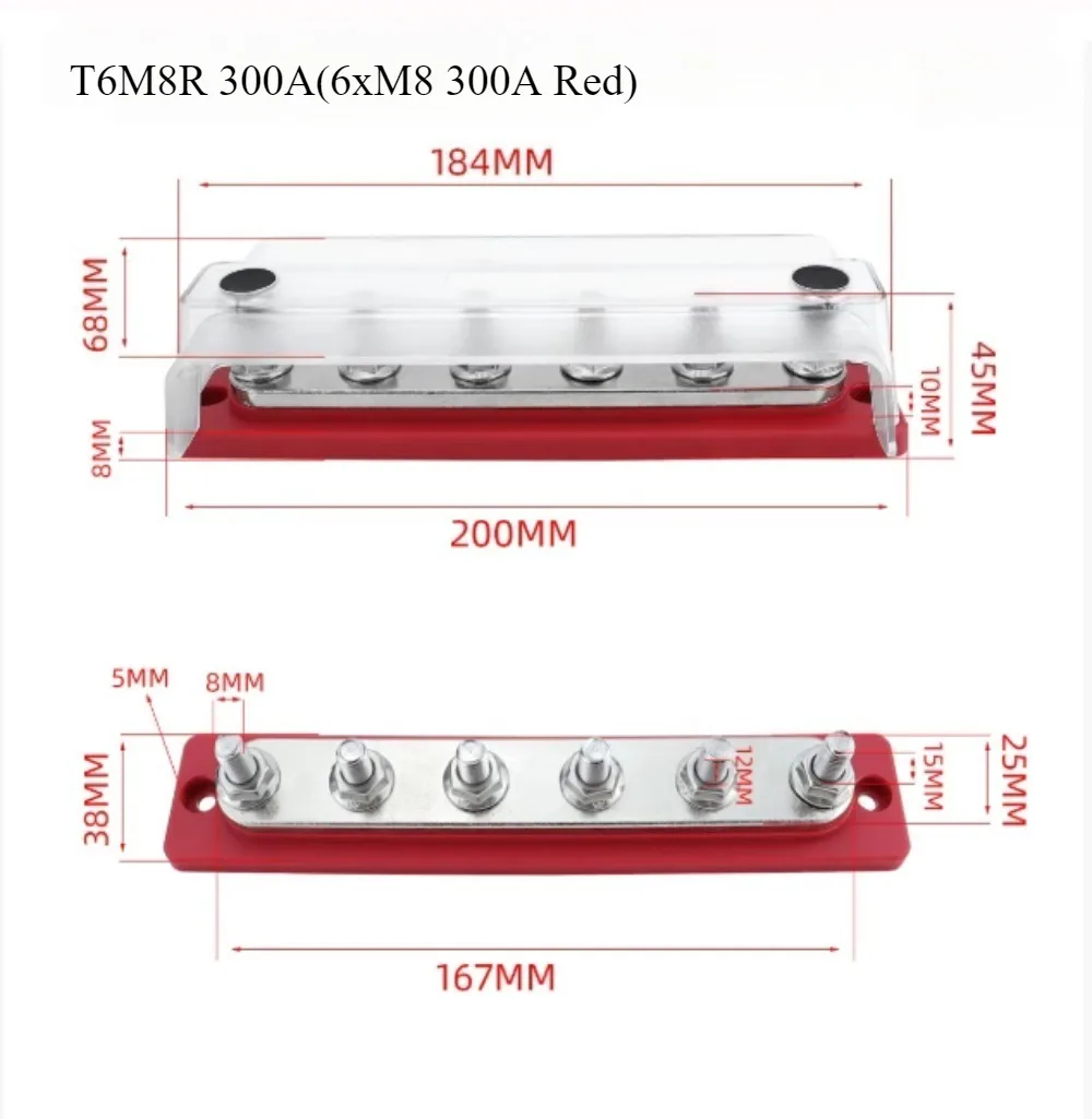 

T6M8R 300A Power Distribution Block with Cover 6x5/16" Studs Terminal Block for Bus Boat Car