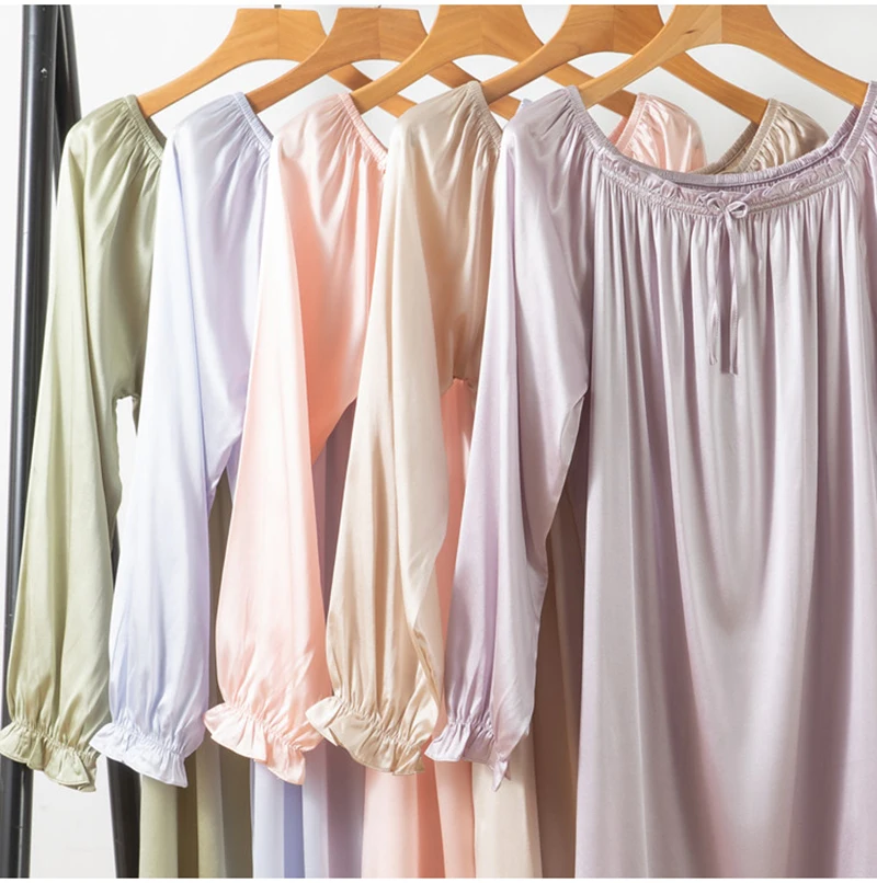 Women Real Silk Nightgowns Sleeping Dress Mid-length Loungewear Sleepwear 92%Mulberry Silk Lady Long Sleeve Nightdress Home Wear