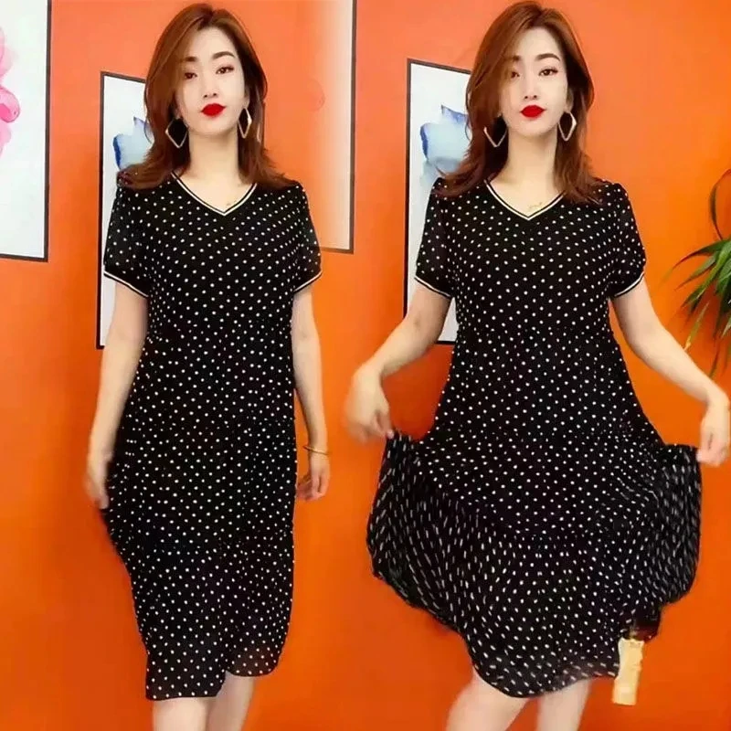 2024 New Summer Speckled Chiffon Dress For Womens Clothing Summer Casual V-neck Dot Dress Large Size Slim mother's Dresses AC218