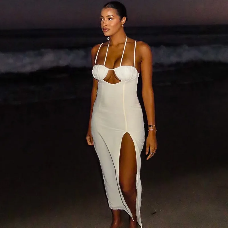 STILVOLLE DAME Cut Out Maxi Kleid 2025, Sommer Frauen Spaghetti Strap Backless Bodycon Sexy Club Party Hohe Split Vestidos De Festa