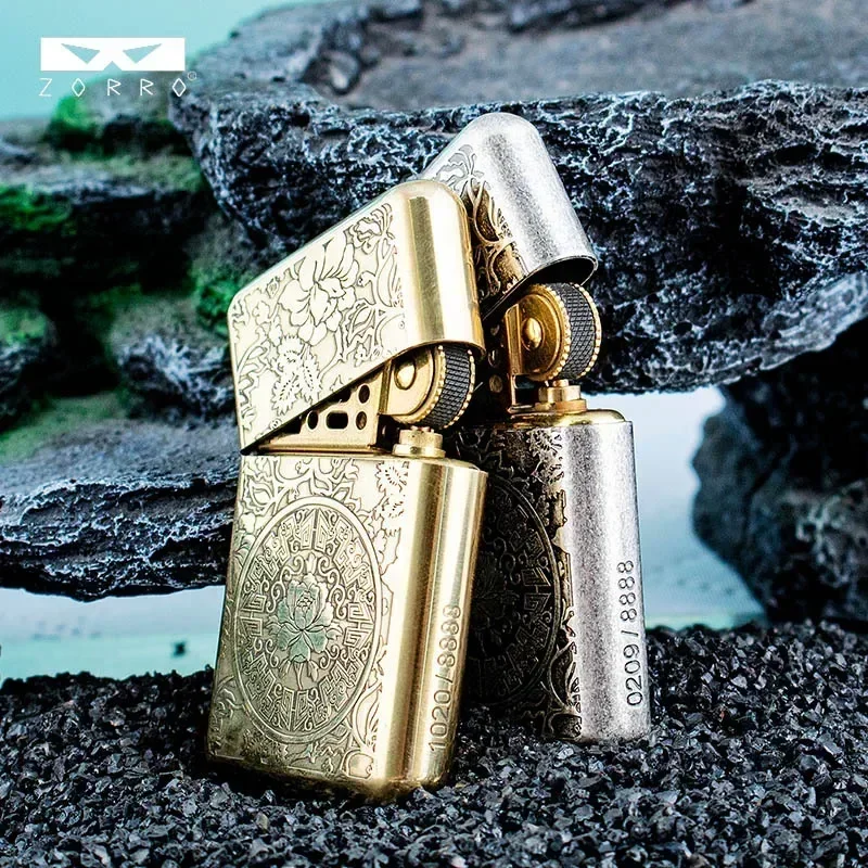 ZORRO Brass Double sided Hand carved Windproof Kerosene Lighter Personalized Retro Collection Wheel ignition Lighters Smoking