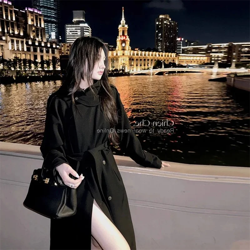 Trench lungo grigio kaki oversize primavera autunno per donna Cappotto doppio petto sciolto casual alla moda coreana