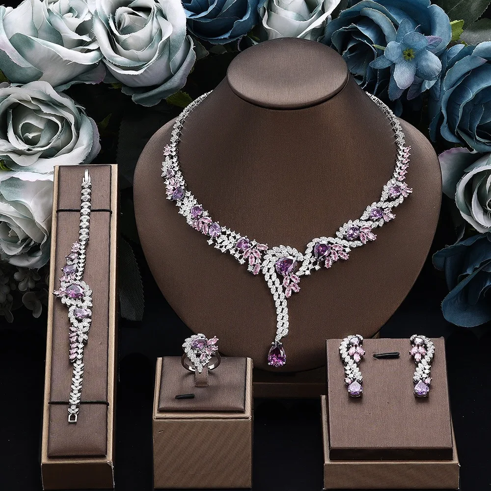 Sparkling 4 Pieces Cubic Zirconia Jewelry Set Necklace Earrings Bracelet Ring CZ Crystal For Women Bridal Wedding Christmas Gift