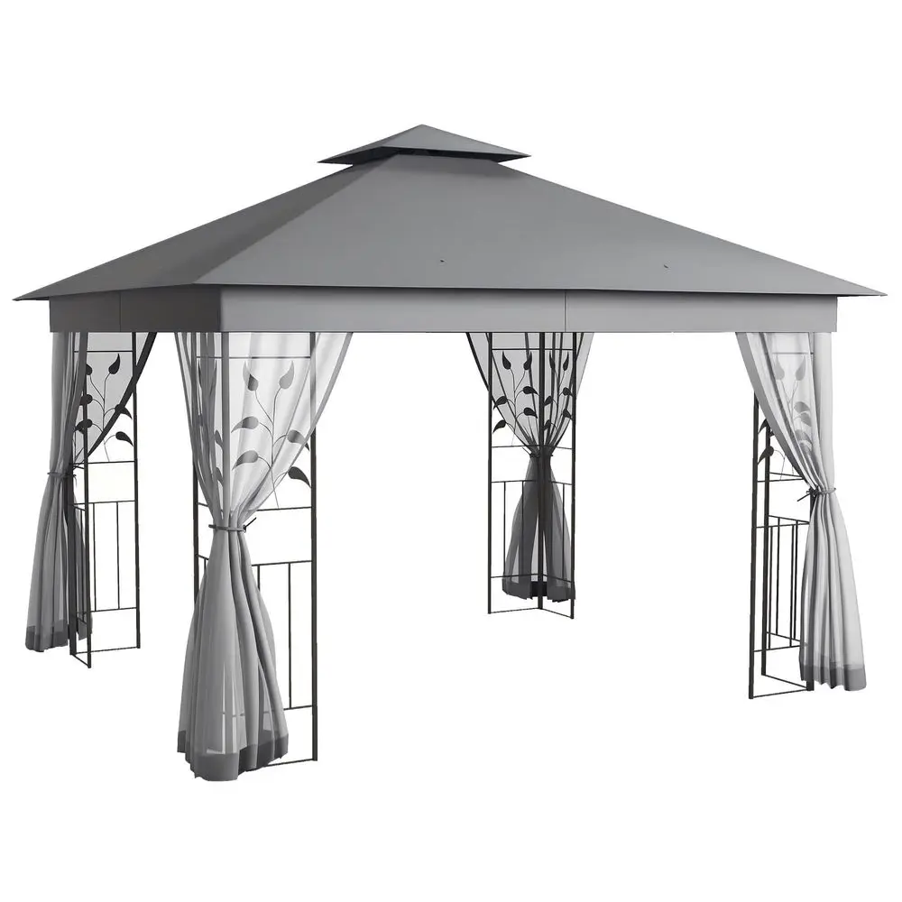

10 x 11.5 Metal Patio Gazebo, Double Roof Outdoor Gazebo Canopy Shelter with Tree Motifs Corner Frame and Netting, for Garden,