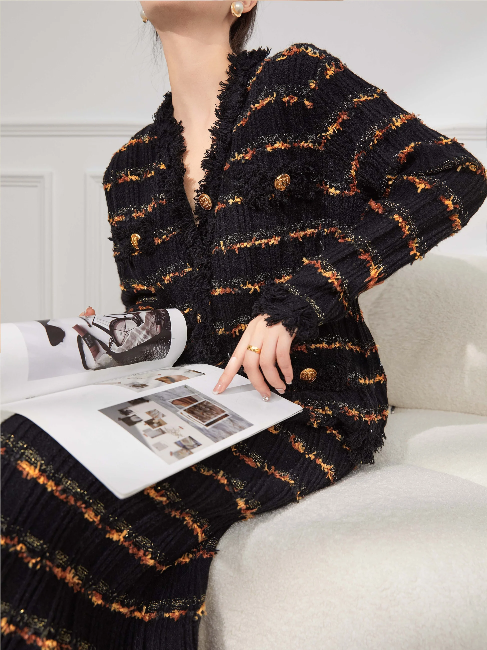 

Plum Jan Luxury Stripe Sweater Set V-Ne Women's Faion High Quali Sensation Bla Color Autumn Collection Polyester Fabric