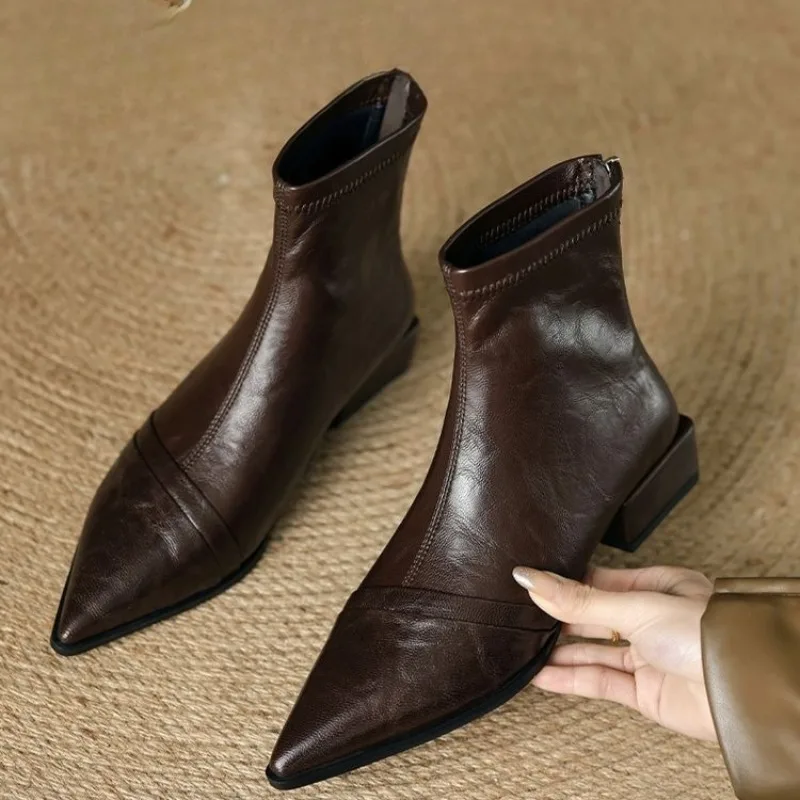 

Retro Women Shoes Exquisite Soft Leather Stretch Boots for Woman French Style Pointed Tip Ankle Boots Designer Shoes Botas Mujer