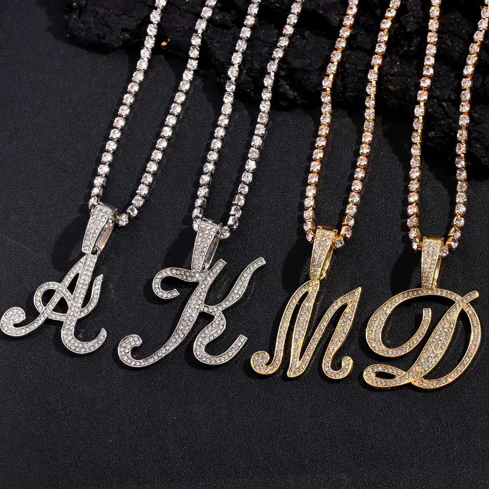 Flatfoosie Iced Out A-Z Cursive Letter Crystal Chain Necklace For Women Bling Rhinestone Initial Choker Necklace Hip Hop Jewelry