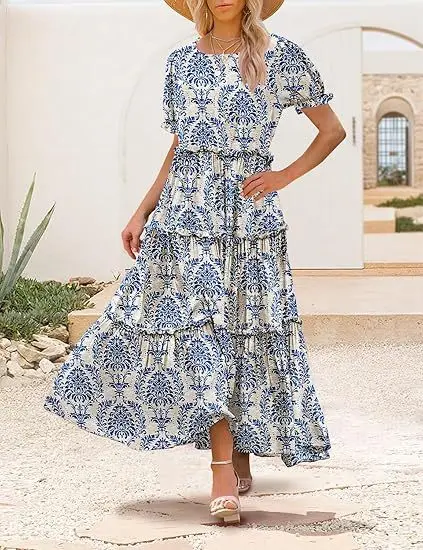 Women Fashion 2025 Summer O-Neck Splicing Party Long Dress Casual Print A-Line Boho Dress Elegant Vintage Maxi Dresses Vestido