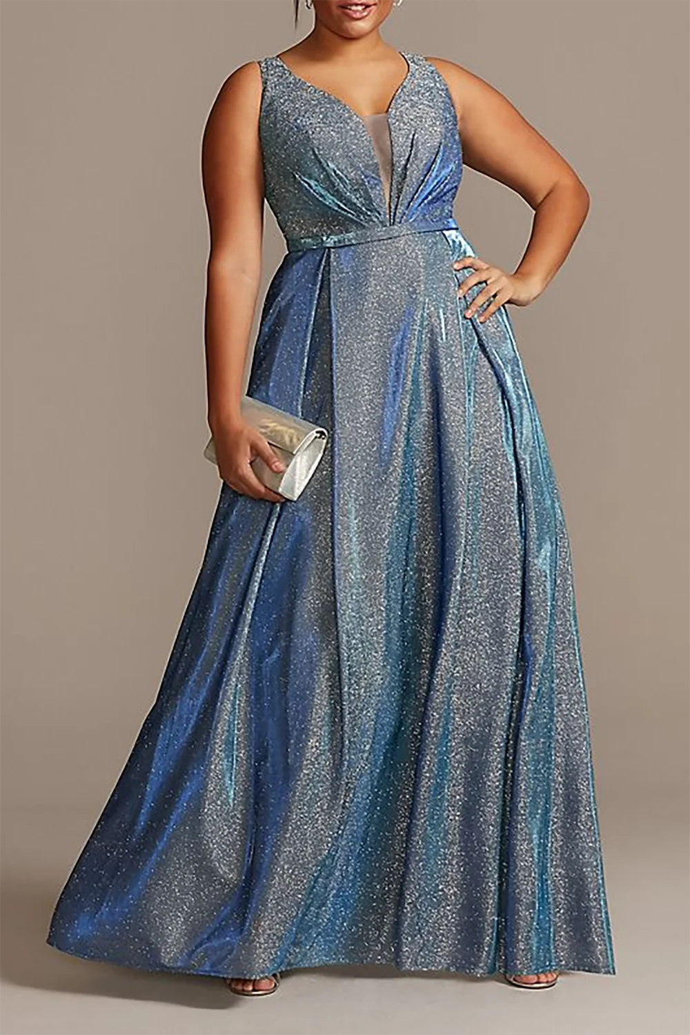 Elegant Women's Plus Size Evening Dress Blue Formal Glitter Sleeveless V Neck Cocktail Wedding Guest Fashion Maxi Dresses