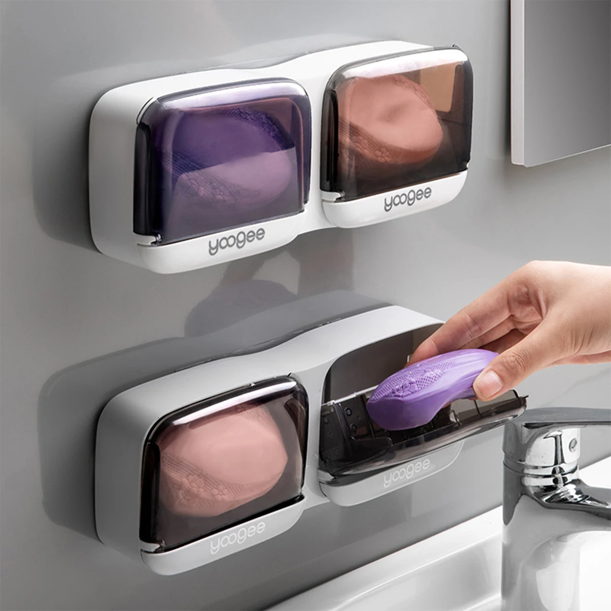 Soporte de jabón montado en la pared para baño, tapa abatible autoadhesiva, caja de jabón de doble drenaje, accesorios organizadores de esponja de baño impermeables