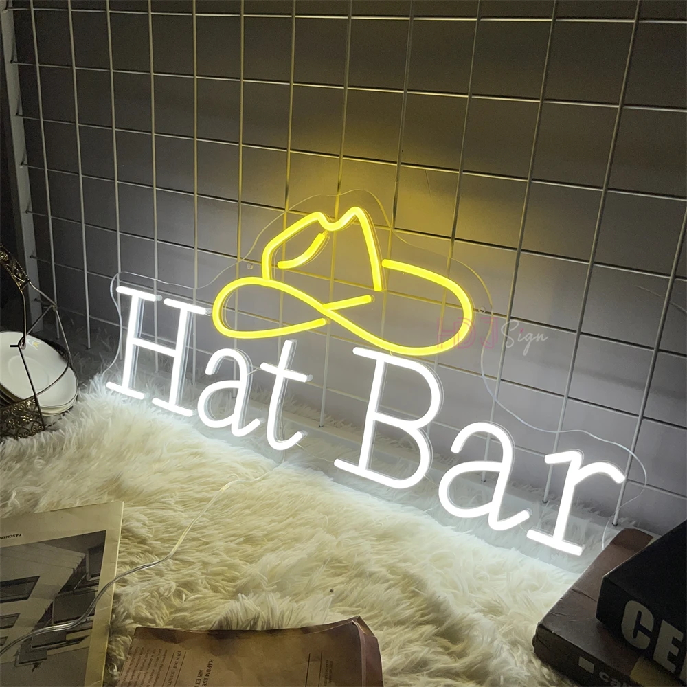 Hat Bar LED Neon Sign Lights Bar Neon LED Sign Room Decor Wall Art Neon Lights Bar Pub Restaurant Open Sign Welcome LED Light