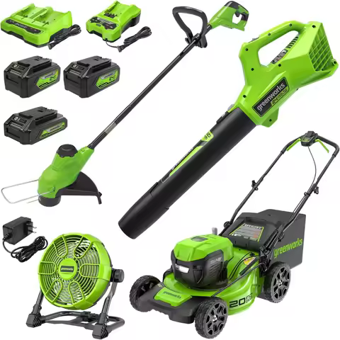 Greenworks 48-Volt Lawn Mower Kit: 20-Inch Steel Deck, 12-Inch Trimmer, 320 CFM Blower, and 10-Inch 500 CFM Fan Combo
