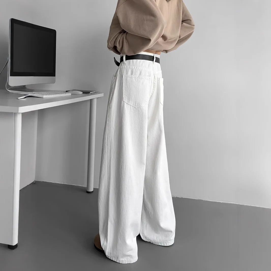 Jeans Lurus Putih Trendi Gaya Amerika Pria Celana Panjang Lantai Kaki Lebar Remaja Kasual Pakaian Jalanan