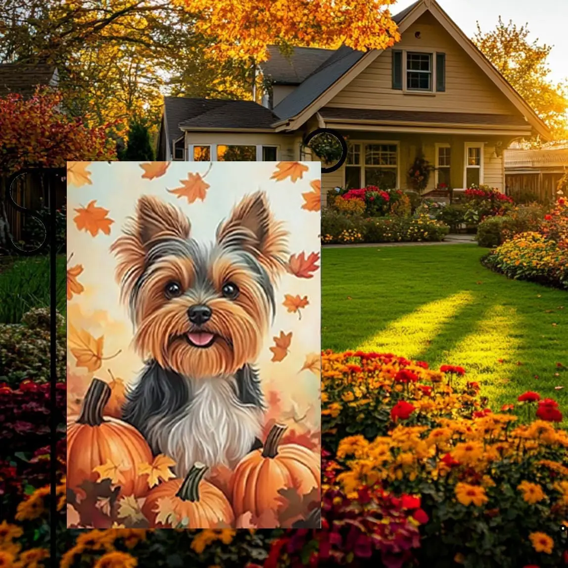 Fall Dog Garden Flags for Outside 12x18 Double Sided, Burlap Seasonal Autumn Thanksgiving Yorkie Garden Flags Farmhouse Fall KZA
