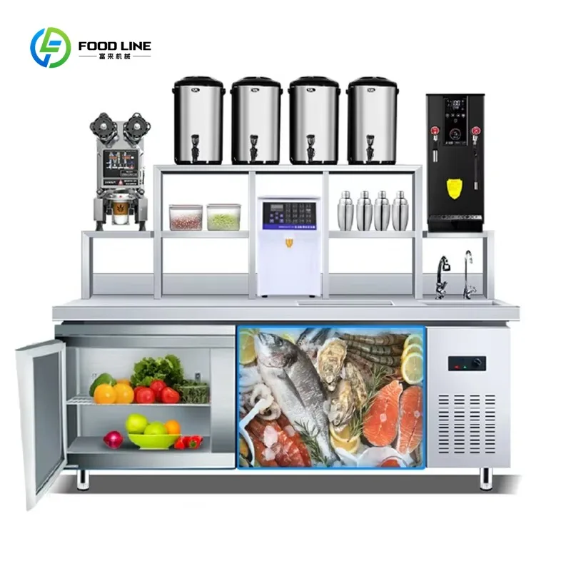 Double Temp Refrigerated Freezer Stainless Bubble Tea Bar Counter with Shaker Commercial Custom