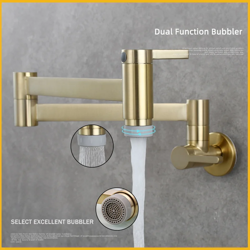 Brass Double Switch Faucet Wall Mounted Foldable Kitchen Faucet Single Cold Single Hole Sink Faucet Swivel Folding Spout